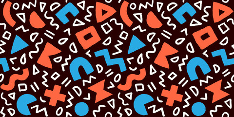 Vector seamless pattern with geometric shapes and brushstrokes. Abstract background with Scandinavian cut out elements.