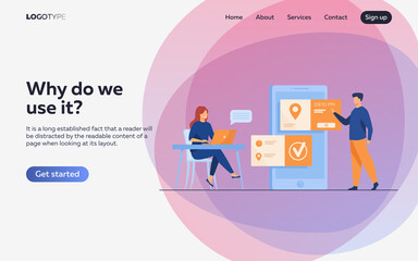 People using online appointment and booking app. Mean and woman planning meeting, setting date in mobile interface. Vector illustration for business, internet technology concept