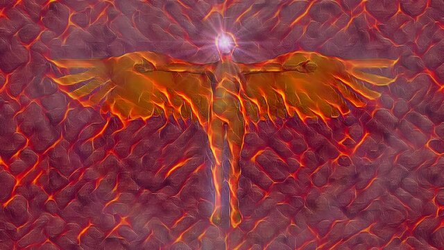 Demon , Fallen Angel with wings open against fiery clouds.  Celestial hellfire realm. 3d animation. Radiant , shimmering lava red light. shimmering