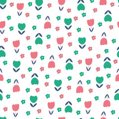 Seamless vector pink and green flower pattern background.