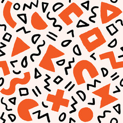 Vector seamless pattern with geometric shapes and brushstrokes. Abstract background with Scandinavian cut out elements.