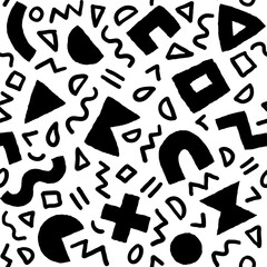 Vector seamless pattern with geometric shapes and brushstrokes. Abstract background with Scandinavian cut out elements.