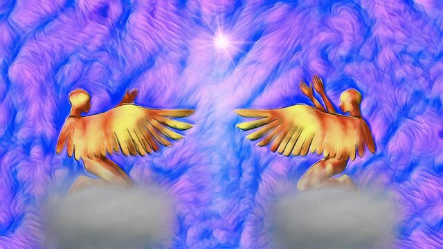 Angels with wings open. Kneeling on clouds. Star above . Celestial heaven realm . Radiant , shimmering flowing light energy. 3d animation