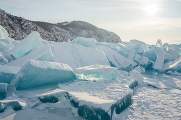 Beautiful crack that goes beyond the horizon on the ice of lake Baikal.