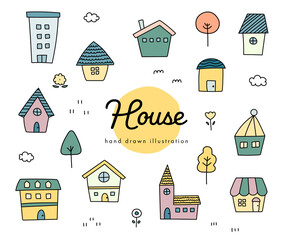 手書きの街並のイラストのセット／家／背景