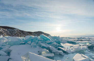 Beautiful crack that goes beyond the horizon on the ice of lake Baikal.