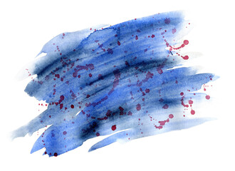 Blue watercolor stain with red splashes. The color splashing on the paper. It is a hand drawn.