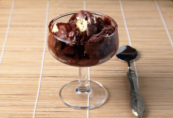 Coppa di vetro con gelato alla crema e cioccolato.