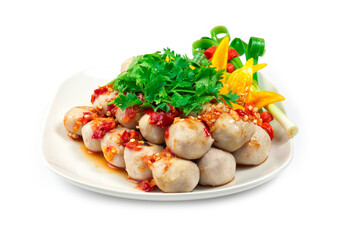 Grilled Pork Ball seafood ontop with seafood spicy sauce