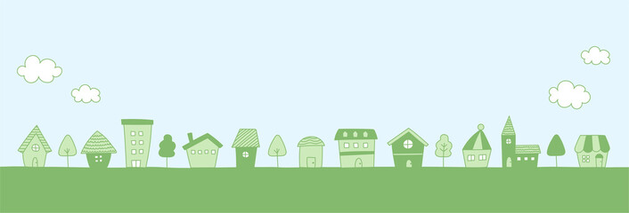 手書きの街並のイラストのセット／家／背景