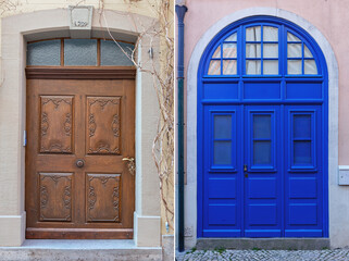 two wooden doors with beautiful decorative wooden trim in the historical part of various European cities