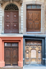 Fototapeta na wymiar four wooden doors with beautiful decorative wooden trim in the historical part of various European cities