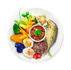 Thai food Pickled fish Chili Paste and tomato dip with Brown rice