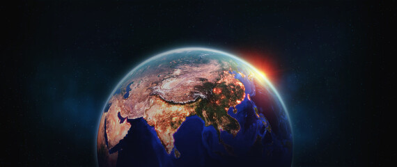 Earth orbit. Asia and night lights of cities. Planet in space 3d illustration. Elements of this image are furnished by NASA