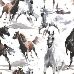 Hand drawn watercolor illustration. Cute cartoon. Seamless pattern. Horses white and dark brown. Mustang wild Arabian.  White background. Pastel color. For cloth, linen and other texture.