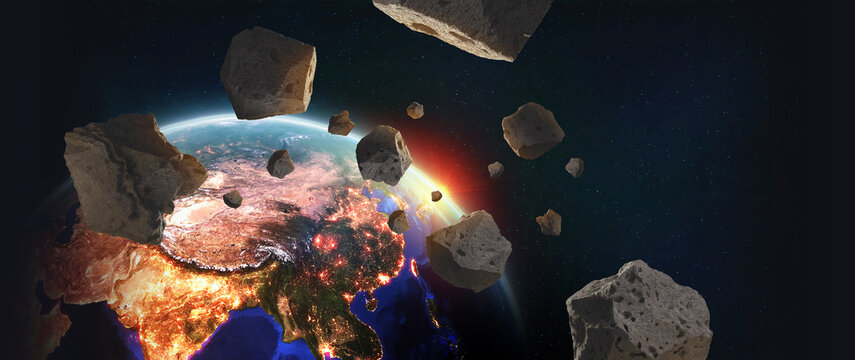 In orbit. Asteroids near planet Earth. Continent Asia. A view of globe from space. Elements of this image are furnished by NASA