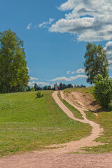 Fototapeta na wymiar a narrow path among the fields of a country park near St. Petersburg against a blue summer sky