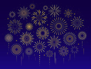 Vector set of gold celebration festive fireworks for holiday, new year party, christmas, birthday, carnival, Independence day. Firework show in dark evening sky. Pyrotechnics firecracker background