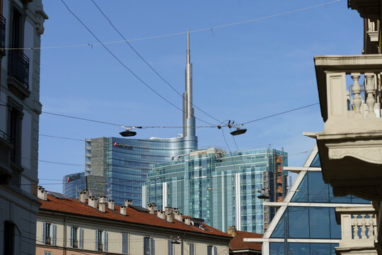 Milan, Italy - May 17, 2020: Unicredit tower from Paolo Sarpi street in Milan