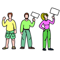 Set of vector illustration with people protesting. male and woman characters design. 