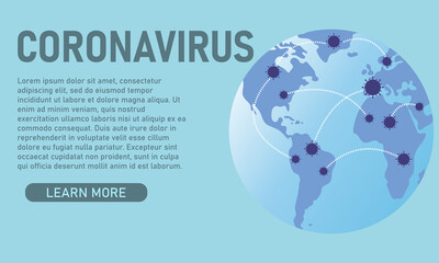 Horizontal blue background with coronavirus for infographics. The planet that shows the spread of the coronavirus. Vector illustration