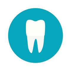 Modern, minimalist icon tooth. Vector logo for dentists. Symbol for mobile interface, flat .illustration on a blue round background.