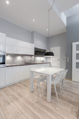 White and gray kitchen with table