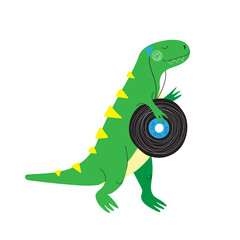 Dinosaur tyrannosaurus rex with a music record, in headphones listens to music. Flat style for kids dino party. For card, poster, banner, logo, icon. Jurassic park theme. Stock vector illustration