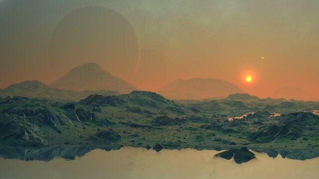Two moons and sunrise. Rocky islands are among the calm water. A bright orange sun rises over the horizon. There are two huge moons in the foggy sky, bright stars and nebulae.