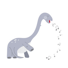 Singing dinosaur diplodocus. Flat style for kids dino party. For card, poster, banner, logo, icon. Jurassic park theme. Stock vector illustration, isolated on white background