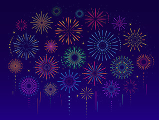 Vector set of colorful celebration festive fireworks for holiday, new year party, Xmas, birthday, carnival, Independence day. Firework show in dark evening sky. Pyrotechnics firecracker background