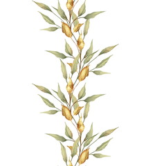 Seamless border pattern of wild green leaves on white background