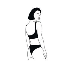 Beautiful faceless female body in underwear. Yoga Clothing Set. Minimal logo design style for swimsuit or underwear store, beauty salon, cosmetology, spa treatments.