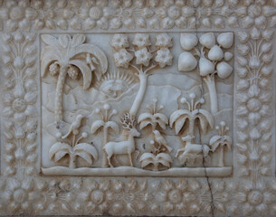 Marble carved wall in the Karni mata Temple (rat temple) in Rajasthan, Deshnok village.