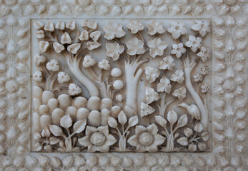 Marble carved wall in the Karni mata Temple (rat temple) in Rajasthan, Deshnok village.