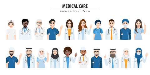 Cartoon character with medical team and staff , flat icon design vector illustration