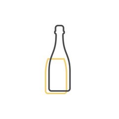 Simple line shape of champagne bottle. One contour figure of a bottle, the second drink. Outline symbol wine dark color. Sign liquid yellow. Isolated flat illustration on a white background