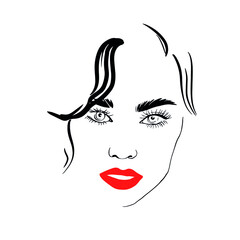 Minimal portrait woman with red lipstick. Minimal line girl face. Glamour and beauty. 