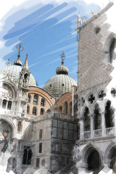 art watercolor background isolated on white basis with facade of St Mark's basilica in Venice, Italy