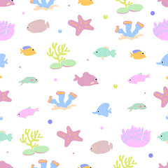 Naklejka na ściany i meble Seamless vector pattern of fish, seaweed, plants, bubbles. Isolated on a white background.