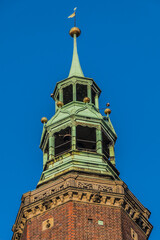 Architectural Details of Town hall tower (Stary Ratusz) on Market square in Wroclaw Old Town....