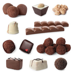 Set with different chocolate candies on white background