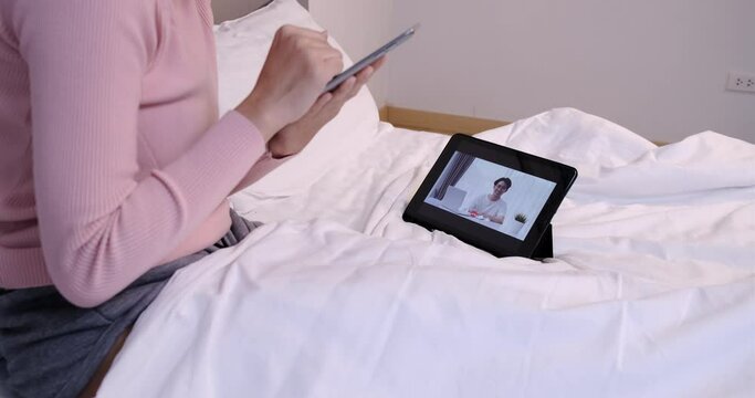 User interface remote asian woman video conference with tutor education