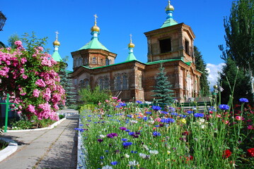 wooden church with flowers, karakol