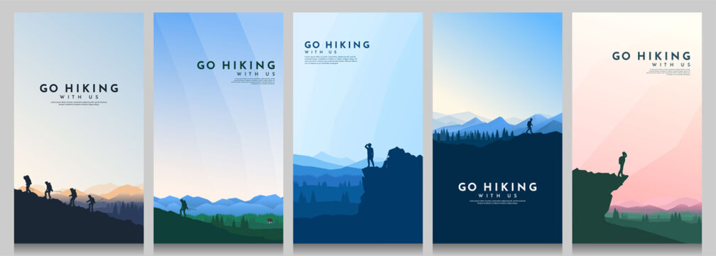 Vector Illustration. Travel Concept Of Discovering, Exploring And Observing Nature. Hiking. Climbing. Adventure Tourism. Flat Design For Flyer, Voucher, Poster, Invitation, Gift Card.