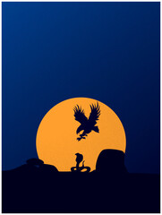 Hunting eagle and snake silhouette on blue background with sun