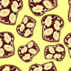 Seamless pattern of toasts on an isolated white background. Healthy, organic food, breakfast, lunch, dinner. Banana and chocolate. Stock vector illustration.