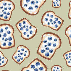 Seamless pattern of toasts on a gray background. Healthy, organic food, breakfast, lunch, dinner. Blueberries and yogurt. Stock vector illustration.
