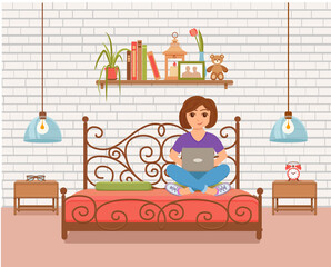 Freelancer happy young woman working on the arm chair in room modern interior