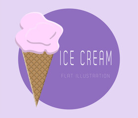 Ice cream in a cone flat illustration. Vector illustration of ice cream. Ice cream icon.